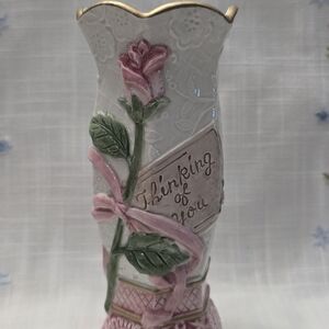 Fitz and Floyd Pink Rose Relief Vase with Gold Trim